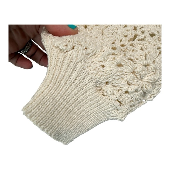 Vintage Handcrafted Open Crochet Sweater Floral Embroidered Pullover Ivory Large - Picture 6 of 12